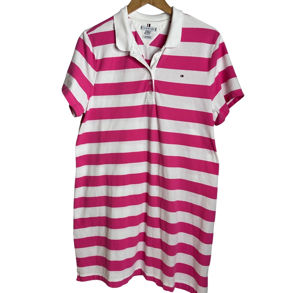 TOMMY HILFIGER Hot Pink White Striped Rugby Polo Dress XXL 16 Short Sleeve Mini